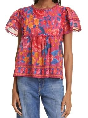 FARM Rio Coral Pink Floral Puff-Sleeve Blouse